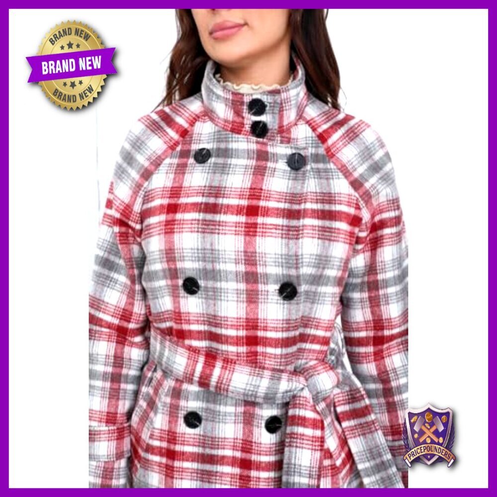 Long Wool Plaid Pea Coat Double Breast Trench Overcoat with Belt Elegant - Picture 4 of 7